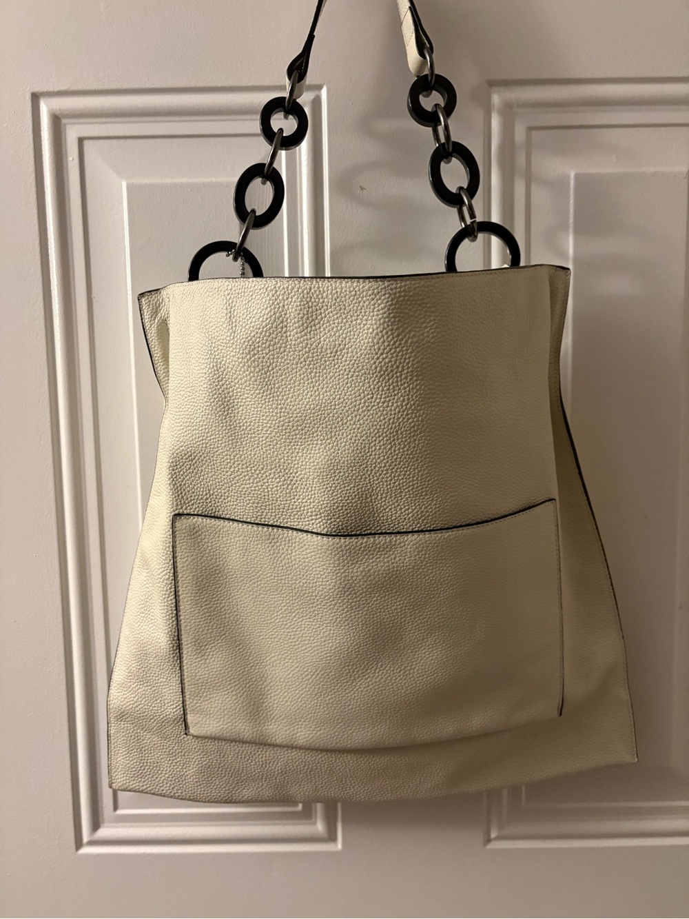 Brand New Genuine Pebbled Leather Tote Bad Cream White With O- Ring Chain Handle